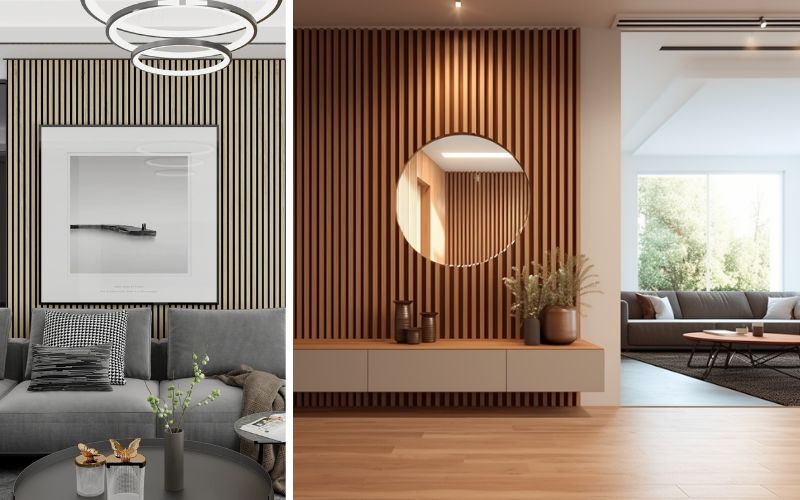 Proviston Lichtleisten für stimmungsvolle Akzente: links ein Flur mit eleganter Sockelbeleuchtung, die den Raum dezent erhellt, rechts ein Wohnzimmer mit warmen Lichtleisten an Decke und TV-Wand, die eine gemütliche und moderne Atmosphäre schaffen