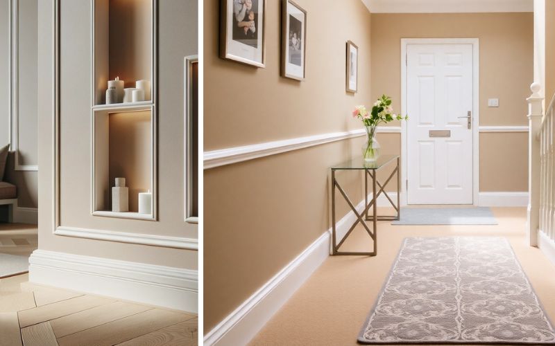 Proviston Sockelleisten für ein perfektes Finish: links elegante Sockelleisten, die Wandnischen stilvoll einrahmen und für ein harmonisches Gesamtbild sorgen, rechts ein Flur mit klassisch-weißen Leisten, die einen sauberen Übergang zwischen Wand und Boden schaffen und den Raum optisch aufwerten