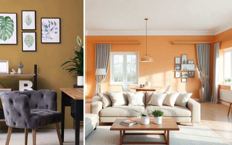 Orange Wandfarbe in Wohnräumen: links ein Bereich mit warmem Orangeton, Bildergalerie und Polsterstuhl, rechts ein helles Wohnzimmer mit kräftig orange gestrichener Akzentwand, beiger Couch und Holzmöbeln
