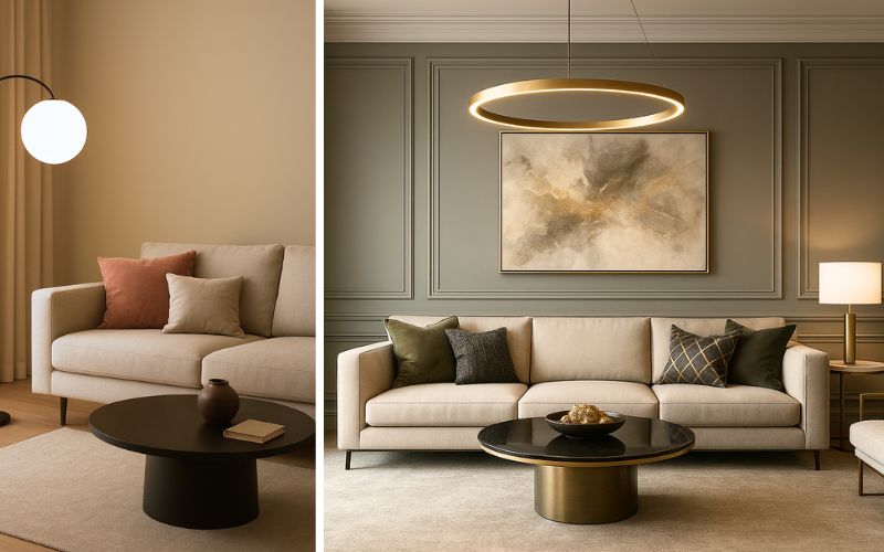 Wohnzimmer Inspiration mit dekorativen Kissen: Links ein modernes Sofa mit hellen Deko-Kissen in Naturfarben, rechts ein elegantes Sofa mit stilvollen Deko-Kissen in dunklen Tönen