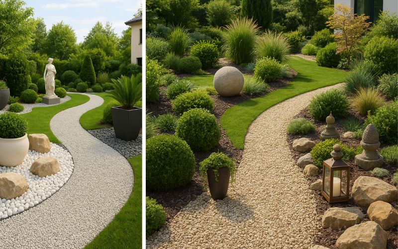 Ziersteine für eine stilvolle Gartengestaltung: Links ein mit hellen Steinen und Findlingen geschmückter Gartenweg, rechts ein geschwungener Kiesweg mit üppigem Grün und Deko-Elementen.