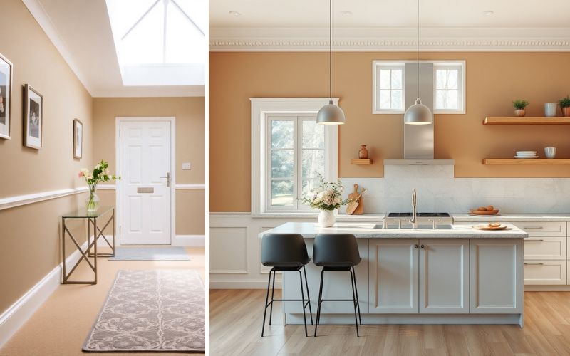 Beige Wandfarbe in modernen Wohnräumen: links ein heller Flur mit weißen Türen, Rahmen und Wandpaneelen, rechts eine offene Küche mit beigen Wänden, weißer Kochinsel und Holzregalen für ein warmes Wohnambiente