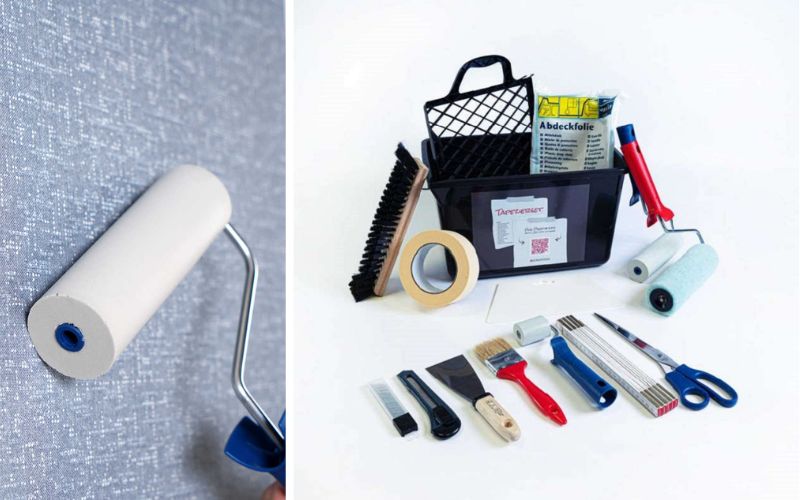 Tapezier-Zubehör für professionelle Wandgestaltung: links die Rolle beim Auftragen auf die Tapete, rechts ein komplettes Set mit Spachteln, Pinseln, Scheren, Abdeckfolie und Kleisterwerkzeugen – alles für ein sauberes und effizientes Tapezieren