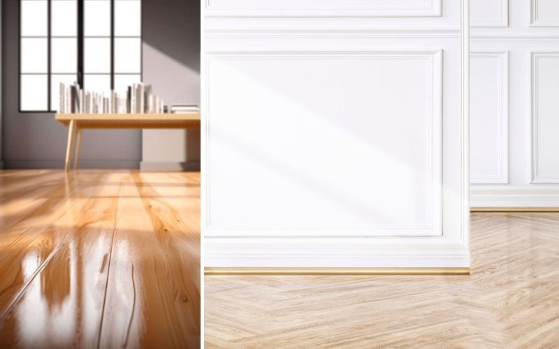Echtholzparkett für stilvolle Böden: links glänzend poliertes Parkett im Wohnbereich mit modernem Tisch und Lichteinfall, rechts eleganter Boden in Fischgrätoptik kombiniert mit weißen Wandpaneelen für ein edles Ambiente