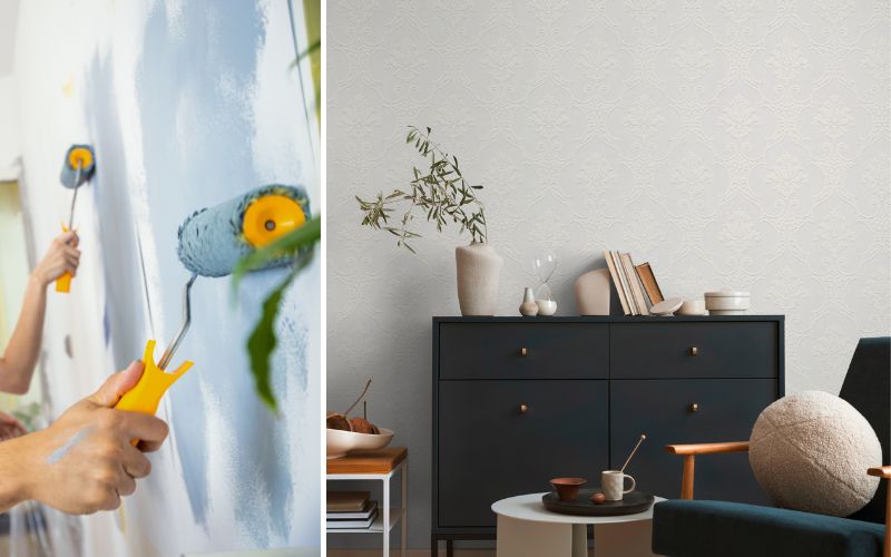 Überstreichbare Tapeten für individuelle Gestaltung: links wird eine Tapete mit Farbroller kreativ bemalt, rechts ein elegantes Wohnzimmer mit weißer, strukturierter überstreichbarer Tapete.