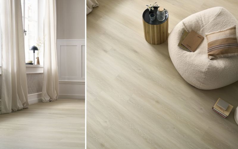 Laminat in Weiß für helle Wohnräume: links elegantes Wohnzimmer mit bodentiefen Vorhängen und klassischer Wandgestaltung, rechts Detailansicht des weißen Laminatbodens mit rundem Sitzkissen, Kissen und Beistelltisch 