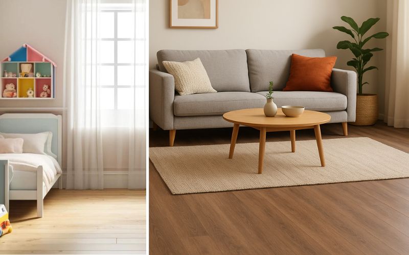 Vinylboden in Holzoptik: links im Kinderzimmer mit heller, freundlicher Wirkung, rechts im Wohnzimmer in warmem Braunton – robust, pflegeleicht und ideal für behagliche Wohnatmosphäre