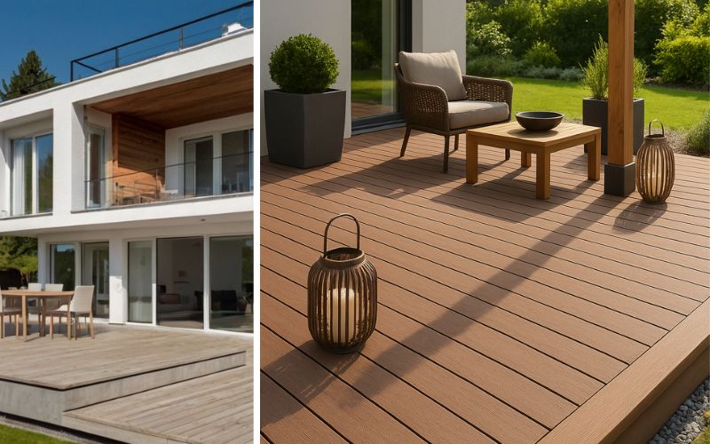 Terrassenzubehör für moderne Outdoor-Bereiche: links großzügige Terrasse am modernen Haus mit klaren Linien und Holzoptik-Belag, rechts gemütliche Sitzecke mit Gartensesseln, Holztisch und stilvollen Laternen als dekoratives Zubehör für eine einladende Atmosphäre