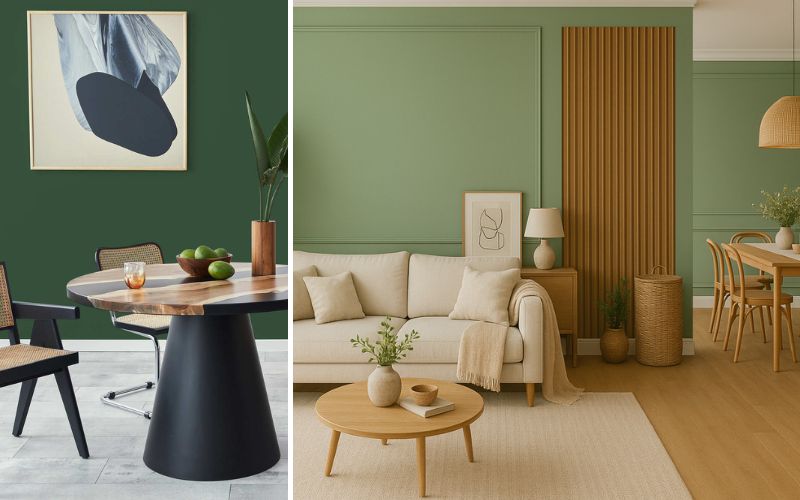 Grüne Wandfarbe für modernes Wohnen: links ein Essbereich mit dunkler Grünwand und Holztisch, rechts ein Wohnzimmer mit heller grüner Wandfarbe, beigem Sofa und Naturdekor 