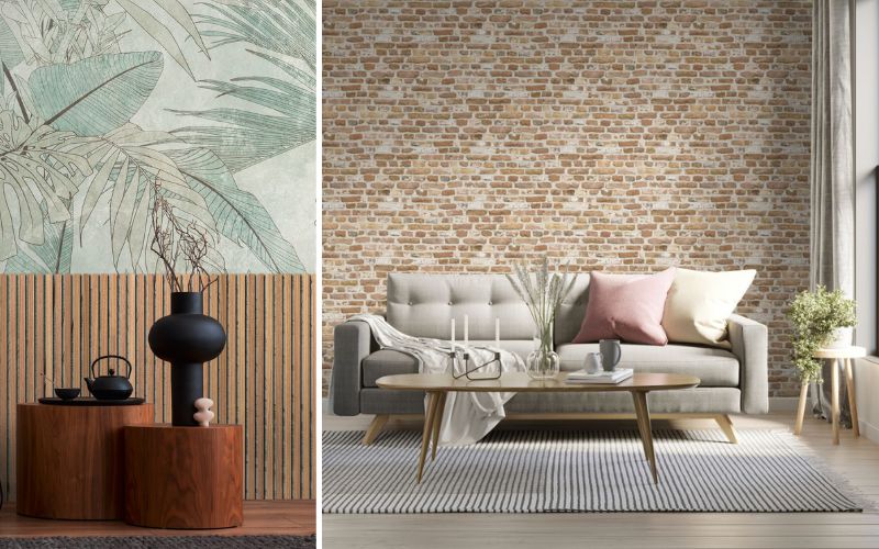 Mustertapeten: links moderne Tapete mit tropischem Blätter-Muster in Grün und Beige, rechts Wohnzimmer mit realistisch gestalteter Backstein-Tapete im Vintage-Look