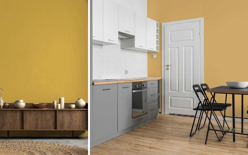 PURO Farbe in Sonnengelb: links moderne Wandgestaltung mit klarer, gelber Akzentwand und minimalistischen Deko-Elementen, rechts Küche mit grauen Fronten, weißer Tür und Wänden in warmem Gelbton für eine frische, freundliche Atmosphäre