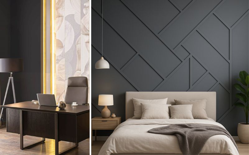 Schwarze Wandfarbe in edler Raumgestaltung: links Homeoffice mit matt schwarzer Wand, warmem LED-Lichtband und Designpanel; rechts Schlafzimmer mit tiefschwarzer geometrischer Akzentwand hinter Bett, Holznachttischen und Hängelampen