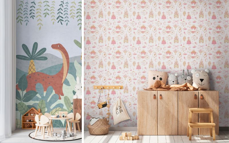 Tapeten fürs Kinderzimmer: links eine bunte Dschungel-Tapete mit Dino-Motiv, die Spielfreude und Abenteuer ins Zimmer bringt, rechts eine verspielte Märchen-Tapete mit Prinzessinnen und Schlössern – ideal für kreative und kindgerechte Raumgestaltung.