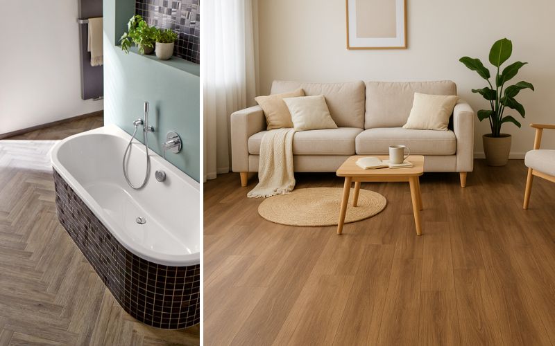 Hochwertiger Vinylboden: links im Bad in Fischgrätoptik für stilvolle Akzente, rechts im Wohnzimmer in warmer Holzoptik für gemütliches Ambiente – robust, wasserfest und komfortabel