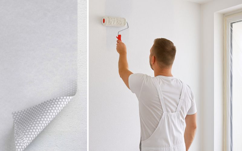 Grundierung für Wände: links eine Detailaufnahme einer aufgetragenen Schicht, rechts ein Handwerker beim Auftragen der Wandgrundierung mit einer Farbrolle