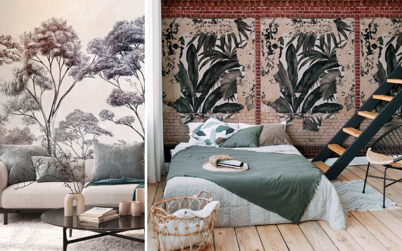 The Wall Motivtapeten: links großformatige Tapete mit Bäumen in sanften Grau- und Violetttönen im Wohnzimmer, rechts auffällige Wandtapete mit tropischen Pflanzen-Motiven im Industrial-Schlafzimmer.
