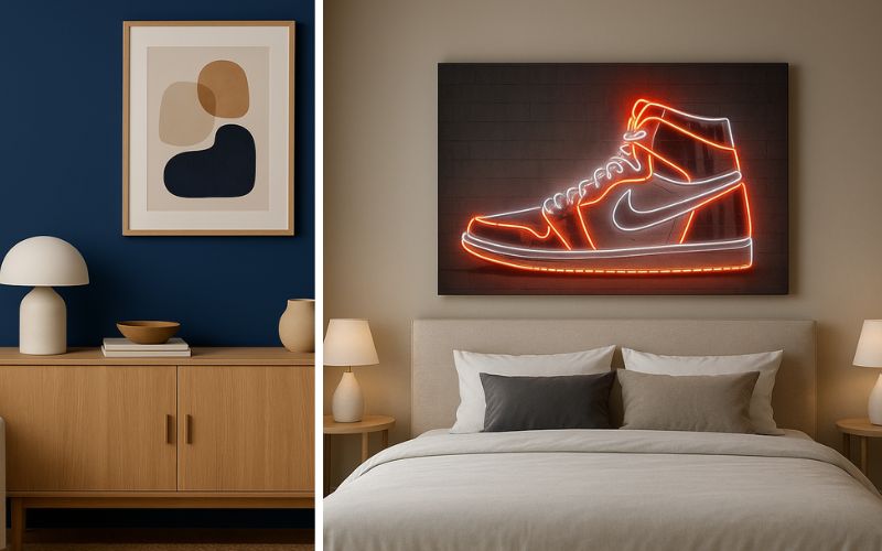 Tadessi Wandbilder für stilvolle Akzente: links ein modernes Wohnzimmer mit tiefblauer Wand und einem minimalistischen Wandbild in gedeckten Beige- und Blautönen, das Ruhe und Eleganz vermittelt, rechts ein trendiges Schlafzimmer mit einem auffälligen Wandbild in Neon-Optik, das als moderner Blickfang das Ambiente aufwertet 