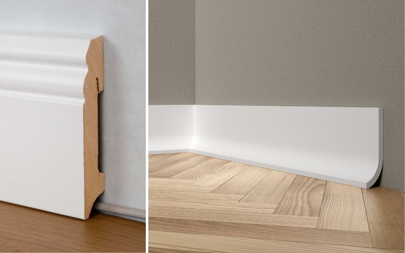 Sockelleisten mit Kabelkanal: links Querschnitt einer weißen MDF-Sockelleiste mit integrierter Kabelführung, rechts montierte weiße Kabelkanal-Sockelleiste als sauberer Abschluss auf Fischgrätparkett.
