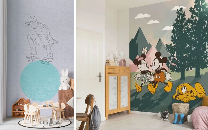 Fototapete Kinderzimmer: links moderne Skater-Tapete mit schlichtem Linienmotiv und pastellfarbigem Kreis für einen urbanen Look, rechts bunte Disney-Fototapete mit Minnie, Mickey und Pluto, die für fröhliche Stimmung und kindgerechte Atmosphäre sorgt