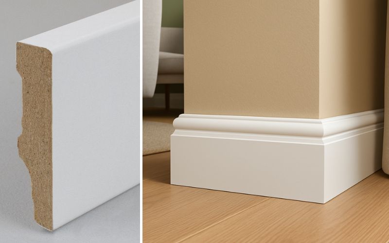 MDF Sockelleisten: links Querschnitt einer weiß folierten MDF-Leiste, rechts ein elegantes Wohnzimmer mit weiß lackierten MDF-Sockelleisten als stilvoller Wandabschluss