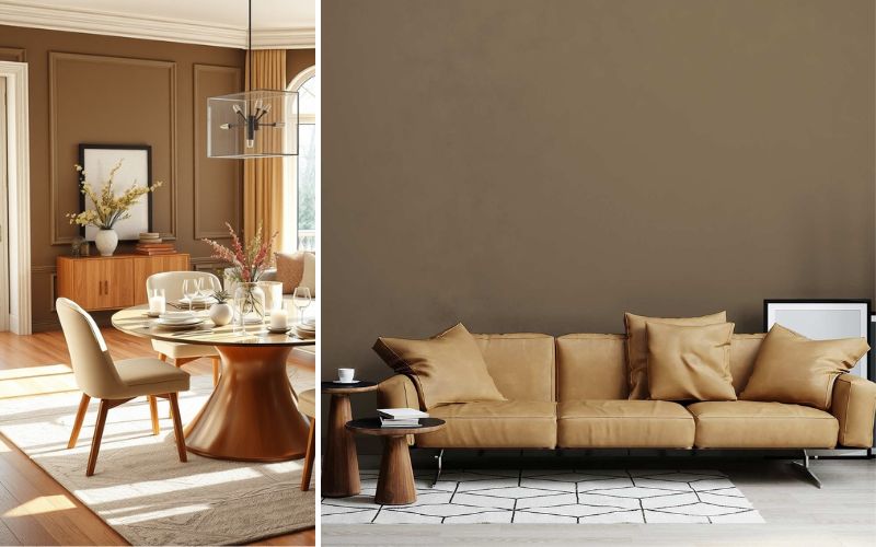 Braune Wandfarbe für elegantes Ambiente: links ein Esszimmer mit dunkelbraunen Wänden, Holzmöbeln und runder Tafel, rechts ein Wohnzimmer mit glatter brauner Wand hinter modernem Ledersofa