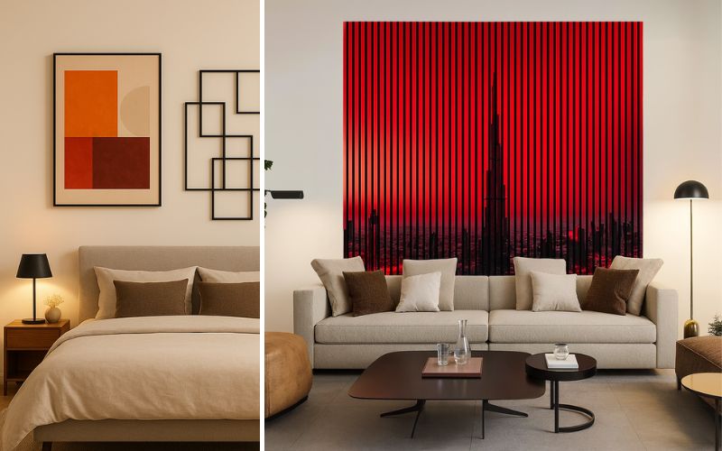 Wanddeko für kreative Gestaltung für individuelle Wohnräume: im Bild moderne Wanddekorationen, die mit geometrischen Formen und eindrucksvollen Motiven stilvolle Akzente im Schlafzimmer und Wohnzimmer setzen.