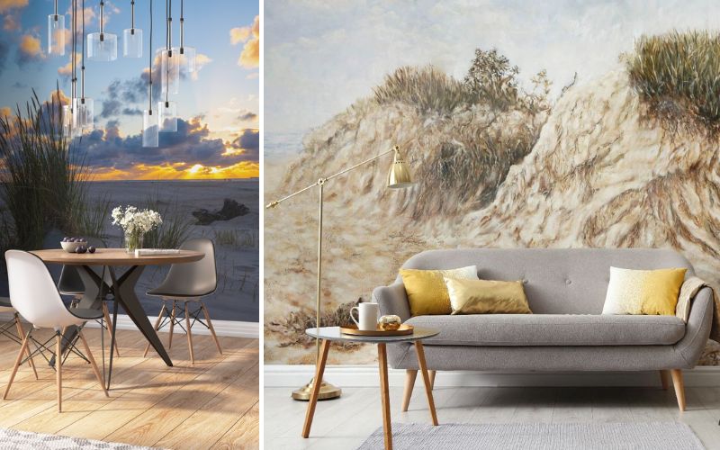 Fototapeten Natur Landschaft: links Sonnenuntergang am Strand mit Dünen und Meer, rechts Wohnzimmer mit realistischer Dünenlandschaft als Wandmotiv in warmen Naturtönen 