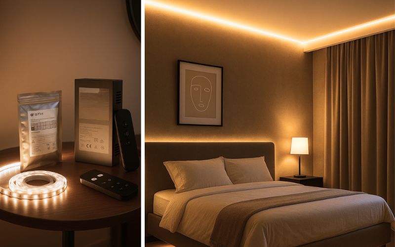 LED-Komplettsets für einfache Montage: links ein praktisches Set mit LED-Streifen, Netzteil und Fernbedienung, rechts modernes Schlafzimmer mit stimmungsvoller Beleuchtung durch ein installiertes LED-Komplettset an der Decke 