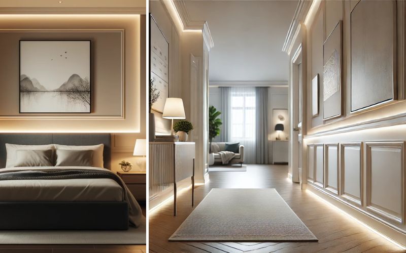 LED-Wandleisten für stilvolle Raumgestaltung: links Schlafzimmer mit eleganter LED-Beleuchtung hinter Wandpaneelen, rechts Flur mit modernen LED-Wandleisten, die Boden und Wand kunstvoll in Szene setzen. 