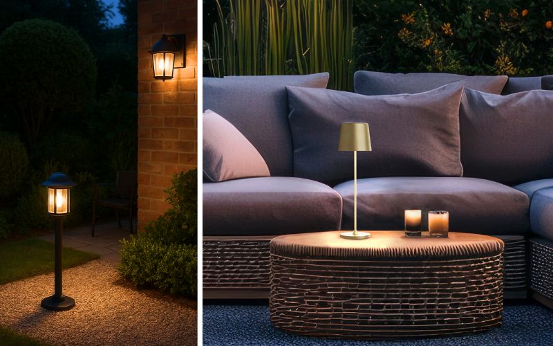  Außen-Stehlampen für Garten und Terrasse: links klassische Stehlampen im Gartenweg und an der Hauswand bei Nacht, rechts moderne kleine Stehlampe auf einem runden Tisch vor einer gemütlichen Gartencouch