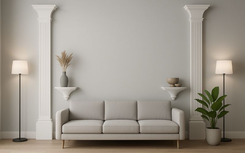 Pilaster im Wohnraum: zwei weiße, kannelierte Pilaster mit Kapitellen an hellgrauer Wand, dazwischen Konsolen mit Deko; davor beiges Sofa, Stehleuchten und Pflanze