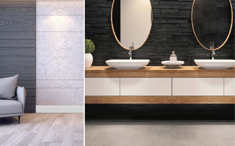  Modernes Wohndesign mit grauem Laminat: links elegantes Wohnzimmer mit grauem Laminatboden, grauer Wandverkleidung und gemütlichem Sofa, rechts stilvolles Badezimmer mit grauem Laminatboden, schwarzer Steinwand, Holzwaschtisch und Doppelwaschbecken