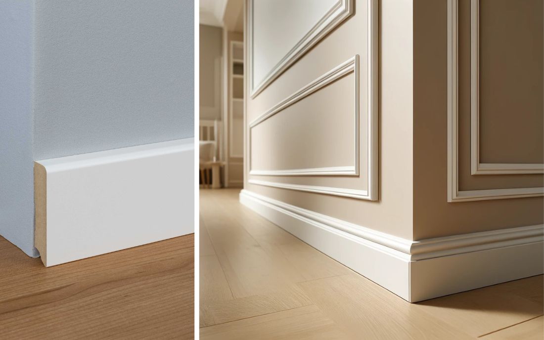 Fußbodenleisten: Links eine schlichte, moderne Sockelleiste in Weiß für einen cleanen Abschluss, rechts elegante, profilierte Fußbodenleisten, die den Raum mit klassischem Charme und dekorativer Wirkung abrunden 