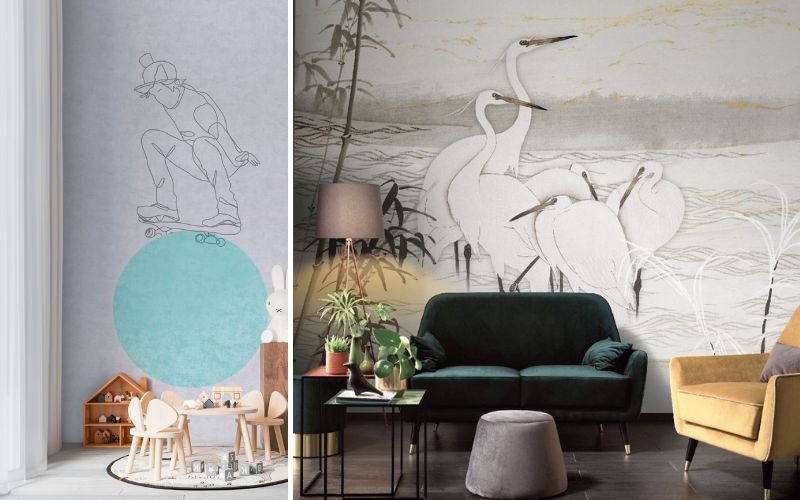 Räume Zimmer Fototapeten: links ein Kinderzimmer mit skizziertem Skateboarder und türkisfarbenem Kreis-Motiv, rechts ein Wohnzimmer mit eleganter Kranich-Fototapete in Naturtönen, grünem Samtsofa und Pflanzen