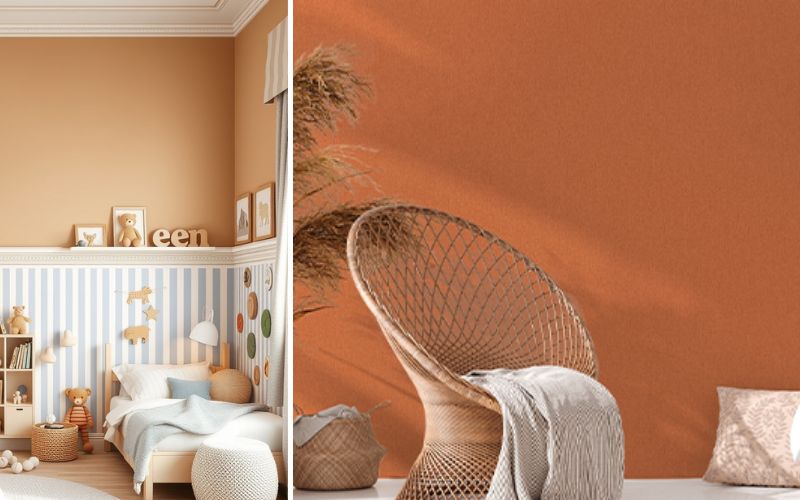  Orange Tapeten: links Kinderzimmer mit halbhoher Streifentapete und oranger Wand, rechts gemütliche Sitzecke mit Korbstuhl vor einfarbiger Orange Tapete