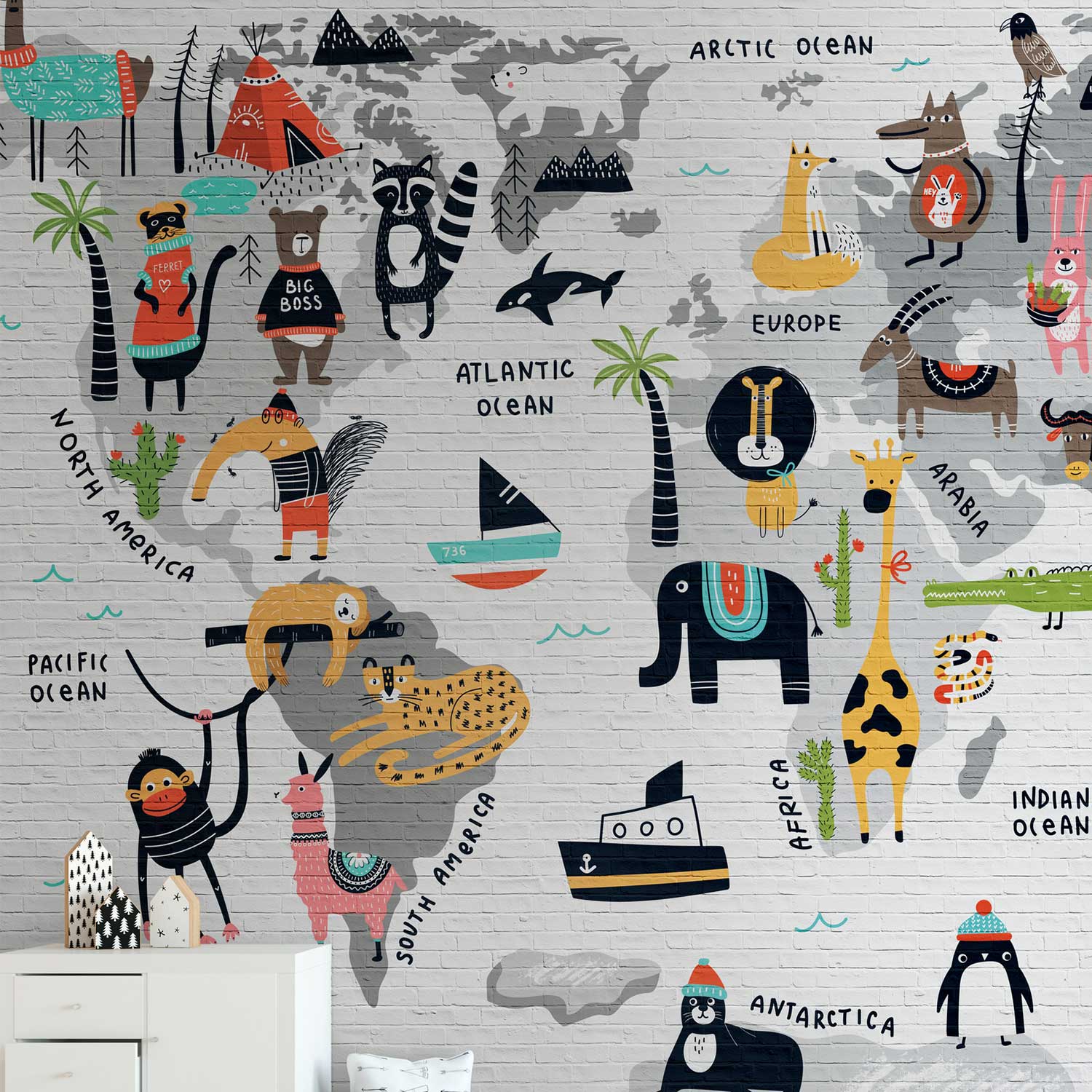 Tadessi Fototapete Weltkarte M1-No.10316 Digitaldruck Tapete Grau Weiß - Tiere Kinderzimmer Motive