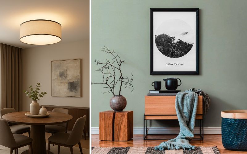 Beleuchtung und Deko: Links eine stilvolle Deckenleuchte, die den Raum mit warmem Licht ausleuchtet und eine gemütliche Atmosphäre schafft, rechts eine geschmackvolle Kombination aus Wandbild, Konsole, Deko-Objekten und Textilien, die den Wohnbereich modern und harmonisch wirken lässt.