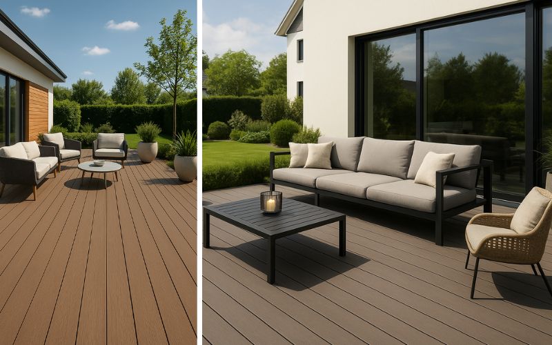 Terrassendielen für stilvolle Outdoor-Bereiche: links moderne Sitzgruppe auf einer großzügigen Terrasse mit Holzoptik-Dielen und dekorativen Pflanzkübeln, rechts elegante Gartengarnitur mit Sofa, Sesseln und Tisch auf einer gepflegten Terrasse mit hochwertigen Terrassendielen