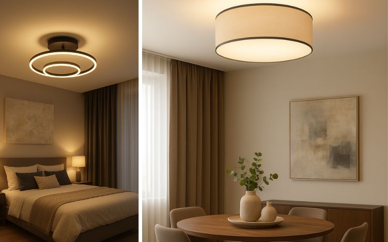 Moderne Deckenleuchten: links LED-Ring-Deckenlampe im Schlafzimmer, rechts runde Stoff-Deckenleuchte über einem Esstisch im Wohnzimmer.