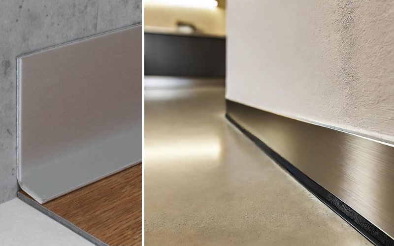 Metall Sockelleisten: links elegante Abschlussleiste in Aluminium-Optik an Betonwand, rechts moderne Edelstahl-Sockelleisten als stilvoller Wandabschluss zu einem Designboden 