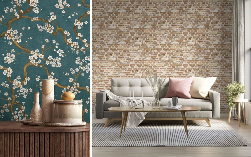 Vliestapeten im modernen Design: links grüne Tapete mit Blütenzweigen im asiatischen Stil, rechts Wohnzimmer mit grauer Couch und Vliestapete in Backsteinoptik.
