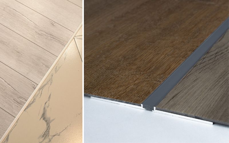 Dehnfugenprofile für Bodenbeläge: links als Übergang zwischen Holzoptik- und Marmorfußboden, rechts als Verbindung zwischen unterschiedlich dunklen Holzböden