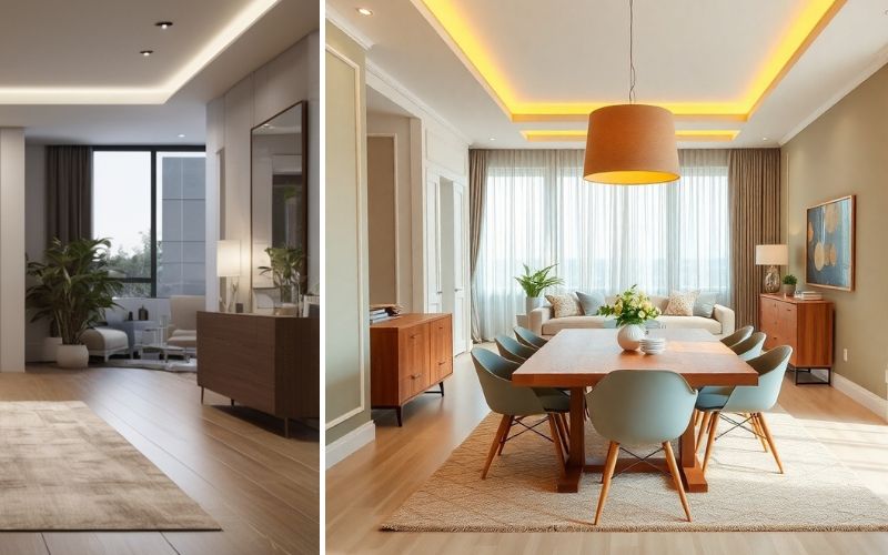 Trockenbau Decke für stilvolle Raumgestaltung: links eine elegante Abhangdecke mit integrierter Beleuchtung im modernen Wohnbereich, rechts eine Trockenbau Decke mit indirekter LED-Beleuchtung, die den Essbereich warm und einladend wirken lässt 