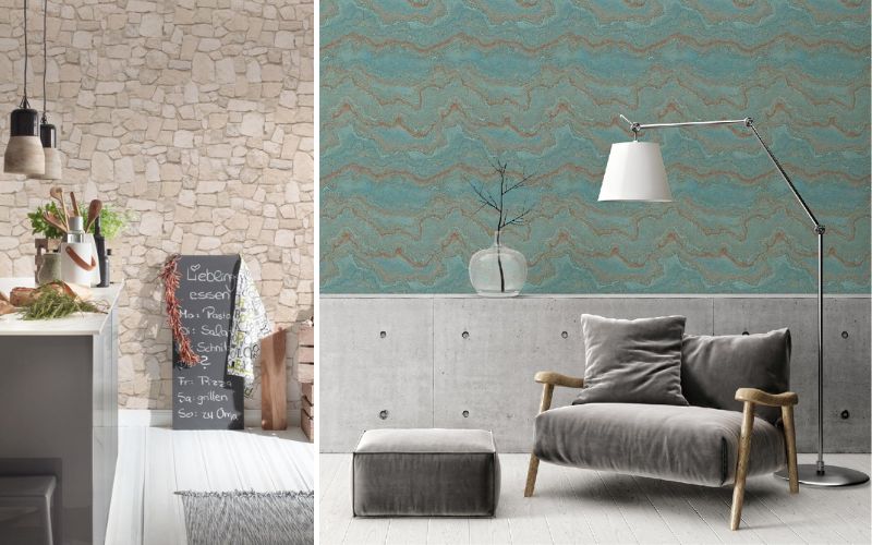 Beliebte Tapeten und Tapeten Topseller: links Tapete in heller Natursteinoptik für die Küche, rechts moderne Wandgestaltung mit Tapete in türkis-blauer Marmorstruktur im Wohnzimmer.