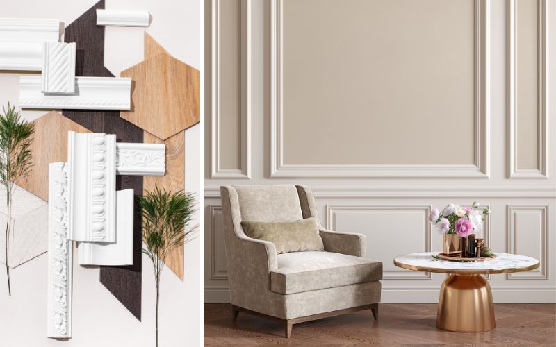 Stuckleisten Topseller: links Auswahl weißer Zier- und Gesimsleisten mit Ornamenten auf Holzmustern, rechts elegantes Wohnzimmer mit klassischer Wandgestaltung aus Rahmen- und Profilleisten