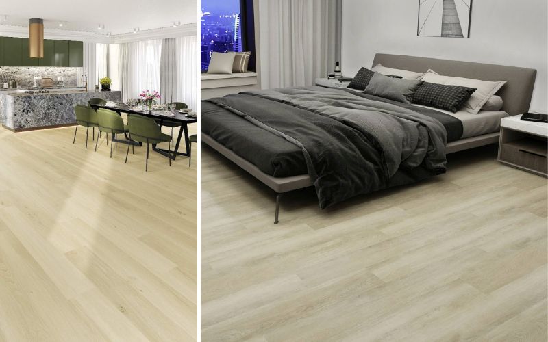 Vinylboden in Weiß: links in der offenen Wohnküche für großzügige Weite, rechts im Schlafzimmer mit klarer Eleganz – pflegeleicht, robust und ideal für lichtdurchflutete Räume