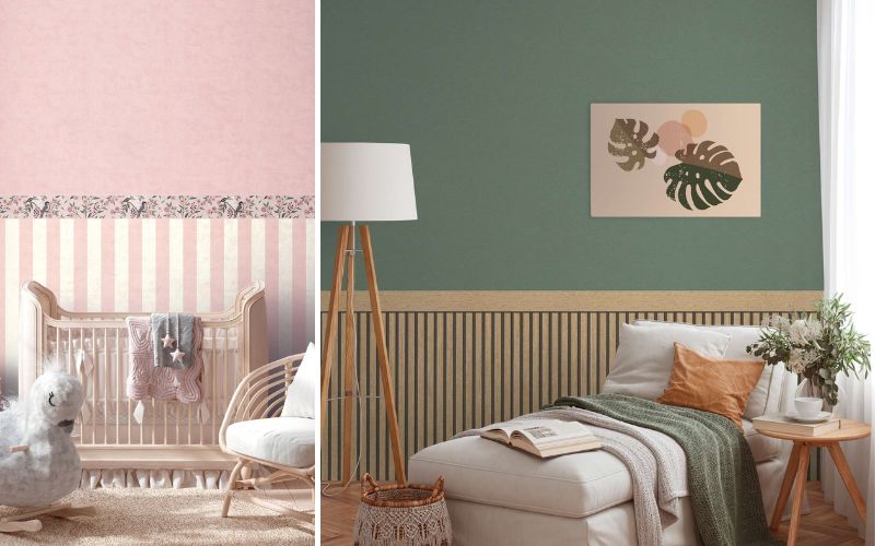 Tapetenbordüren als dekorativer Übergang: links rosa Kinderzimmer mit floraler Bordüre zwischen einfarbiger Wand und rosa-weiß gestreifter Tapete, rechts Wohnbereich mit salbeigrüner Wand und beiger Tapetenbordüre über lamellenartiger Holzoptik 