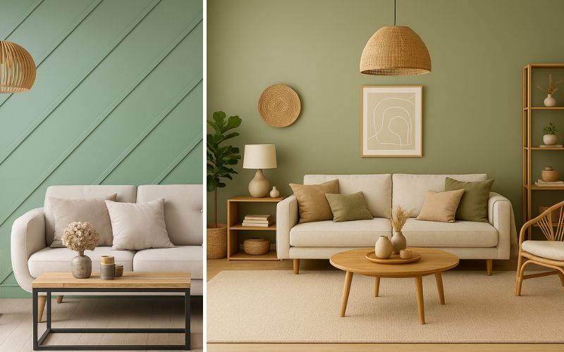 Sage Green Trendfarbe im Wohnzimmer: links diagonale Wandverkleidung in Salbeigrün hinter hellen Sofas und Holztisch, rechts eine sanft salbeigrüne Wohnwand mit Rattanlampe, Holzmöbeln und beigem Sofa 