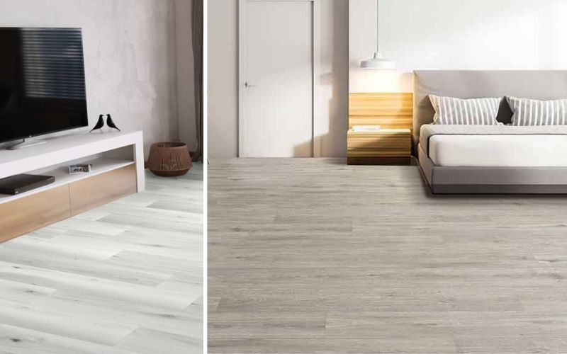 Laminat-Holzoptik für zeitlose Wohnräume: links modernes Wohnzimmer mit hellem Laminat in authentischer Holzoptik, das den Raum freundlich und weitläufig wirken lässt, rechts elegantes Schlafzimmer mit grauem Laminat in Holzstruktur, das eine ruhige und harmonische Atmosphäre schafft.