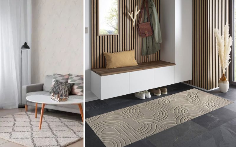 Teppiche für gemütliche Wohnbereiche: links ein heller Wohnzimmerteppich mit dezentem Muster, der eine einladende und warme Atmosphäre schafft, rechts ein moderner Läufer im Flur mit geometrischem Relief-Design, der Funktionalität und stilvolle Akzente verbindet